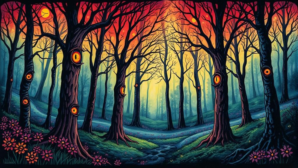 Mysterious Forest: Vibrant Ink Poster With Eye Trees