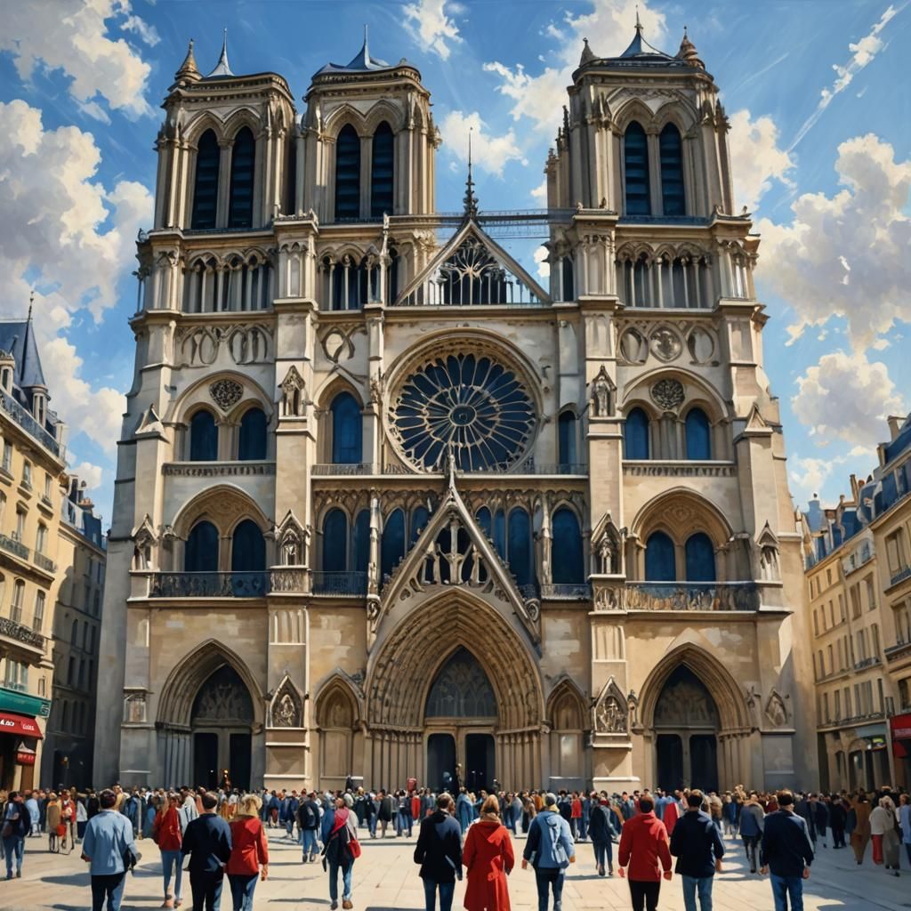 an oil painting of the front view of Notre Dame Cathedral in...