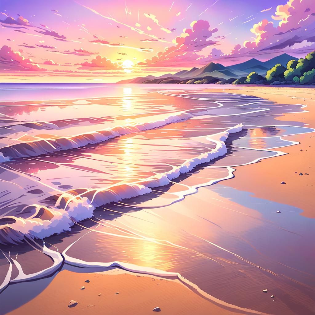 Tranquil Sunset Beach in Anime Style