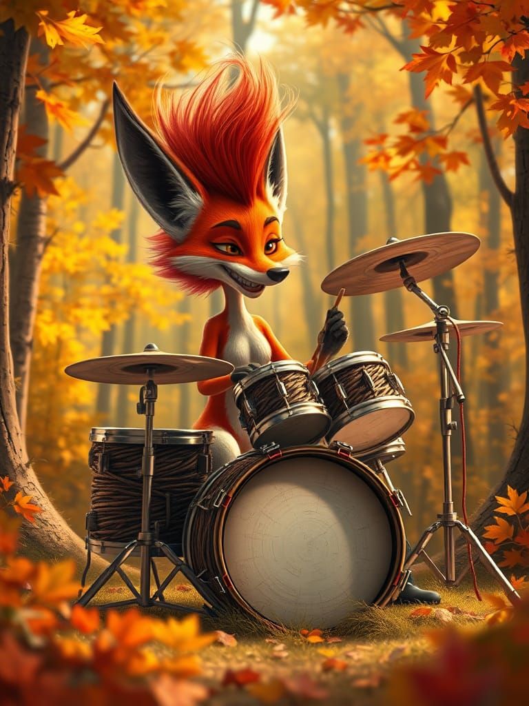 Fox Drummer in Pixar Style Autumn Forest