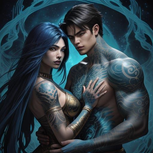 Teen Couple with Glowing Tattoos in Ancient Ruins Comic Styl...