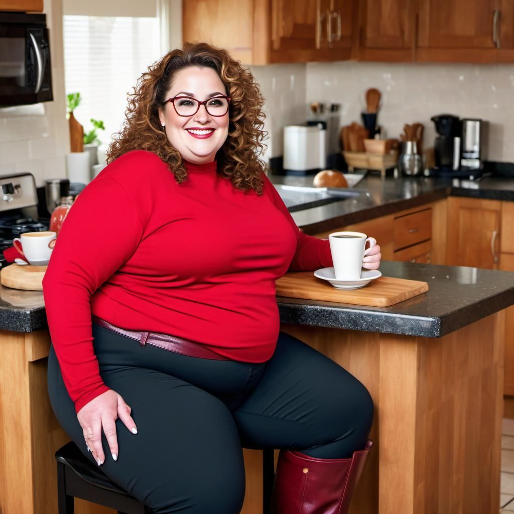 Beautiful Woman Enjoying Morning Coffee in Elaborate Kitchen