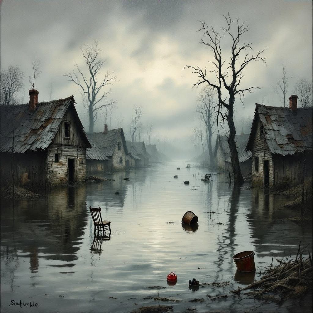 Ravaged Village in Floodwaters, Oil Painting