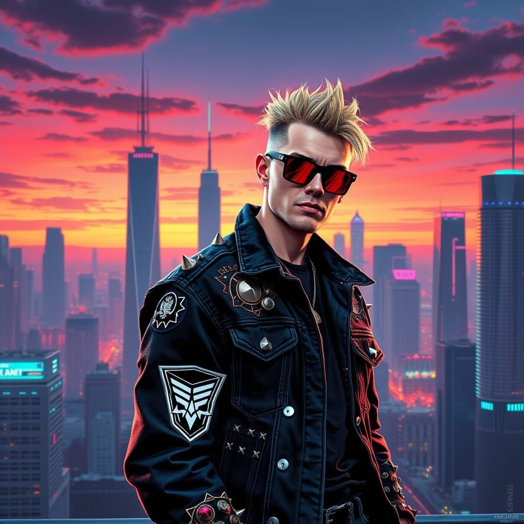 Cyberpunk Metalhead in Neon Cityscape