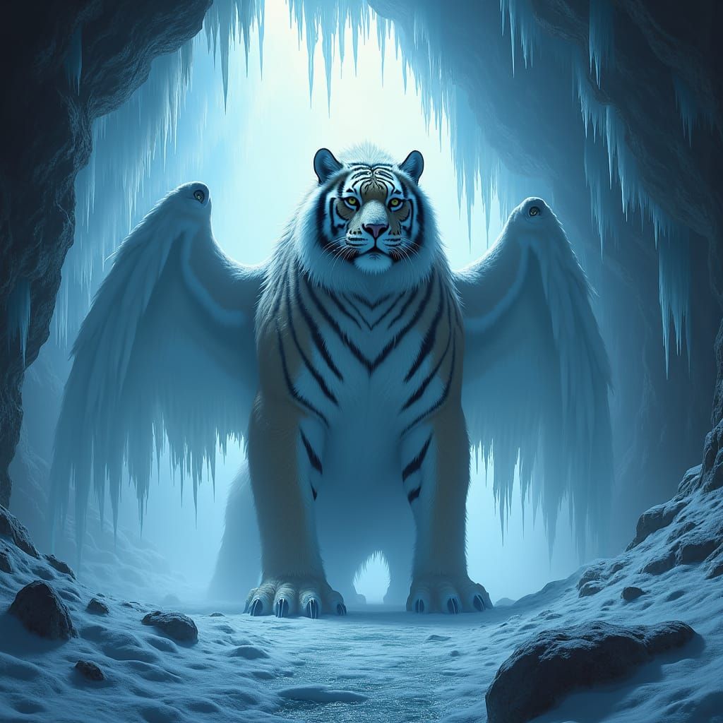 Hybrid Tiger Shark Eagle in Ice Cave, Fantasy Art