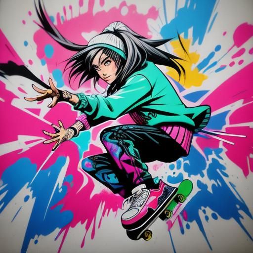 Anime Skater Girl in Graffiti Street Art Style