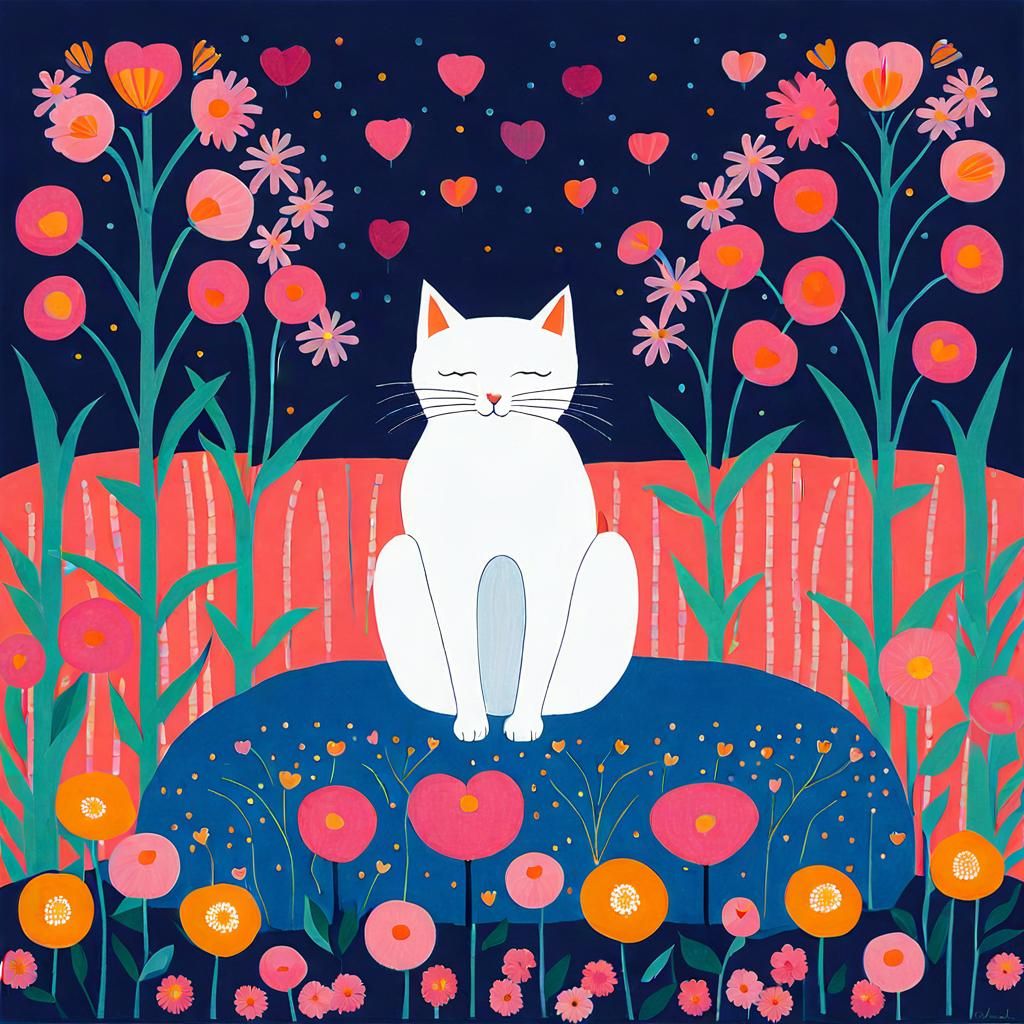 Cat on Pillow Surrounded by Flowers