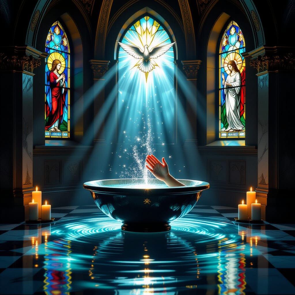 Sacred Baptismal Font Glows with Divine Light