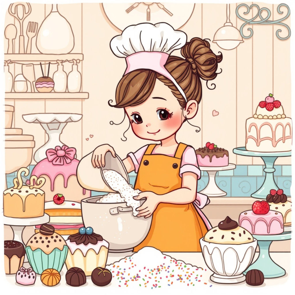 Sweet Baker Girl in Whimsical Doodle Art