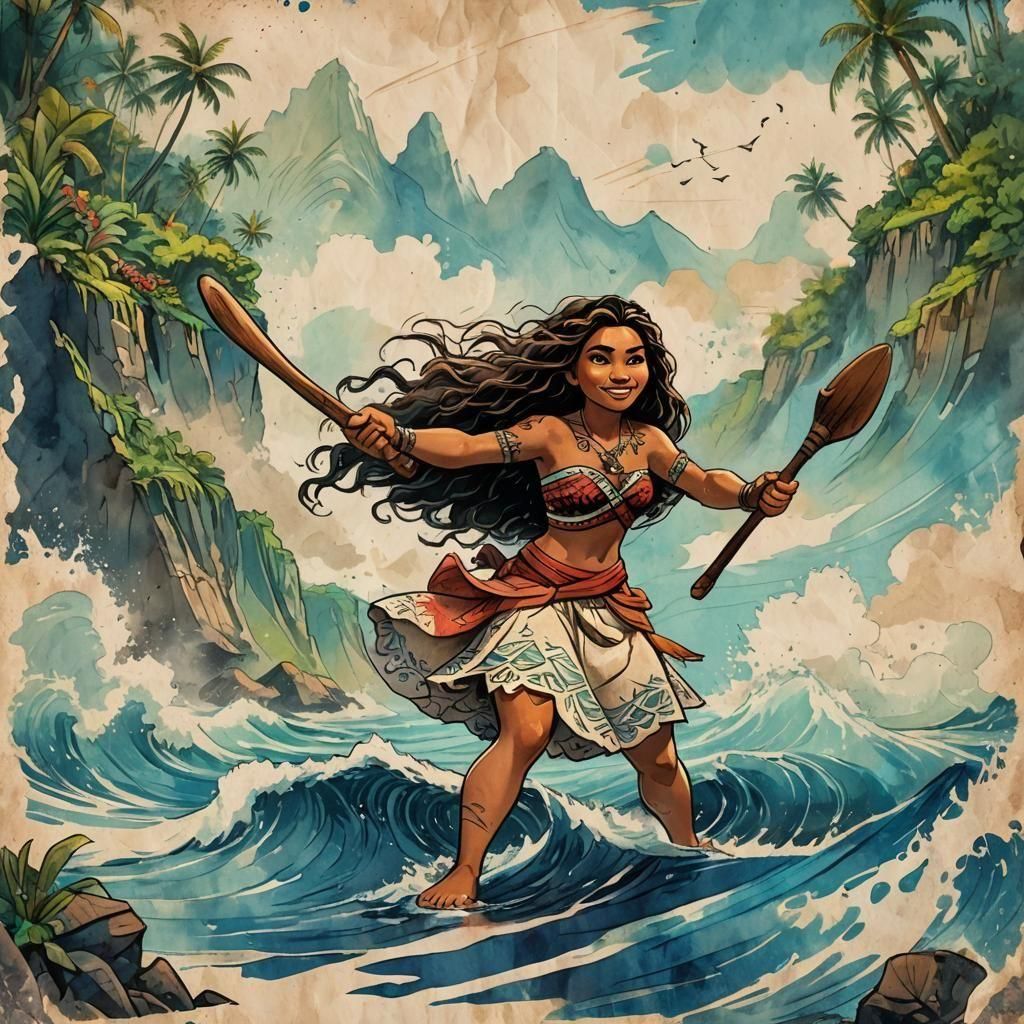 Moana on Her Island in Vintage Ink Painting