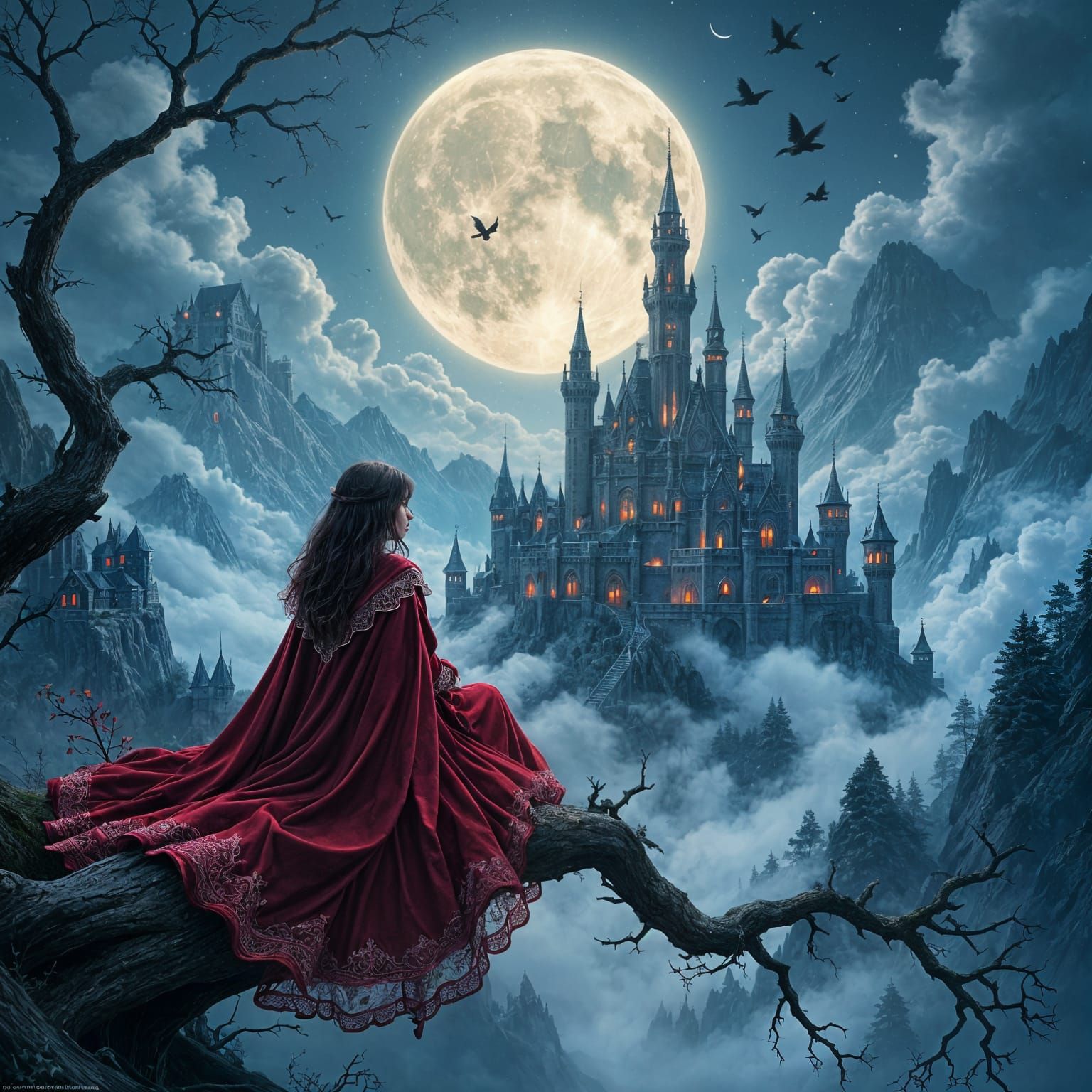Eerie Dark Fantasy Scene with Red Cloak and Gothic Castle