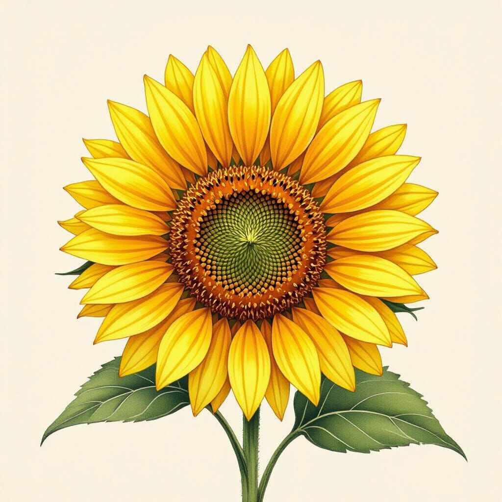 Detailed Botanical Illustration of a Yellow Sunflower