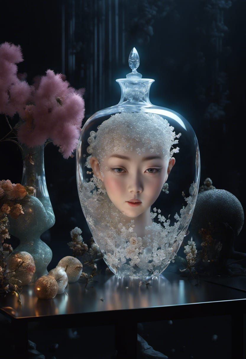 Exquisite Glass Vase with Faces: Hyperrealistic 3D Render