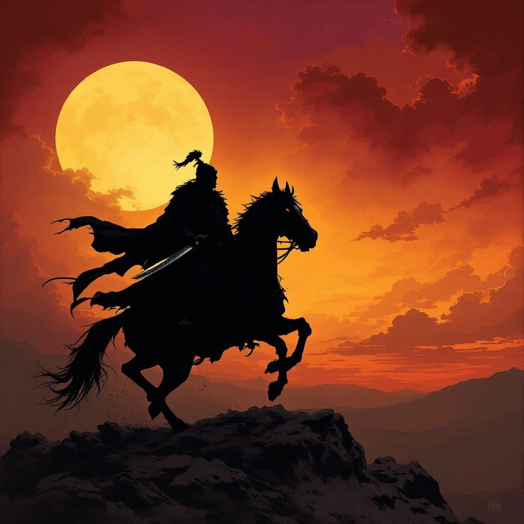 Mongol Warrior Charging Under the Moonlit Steppe