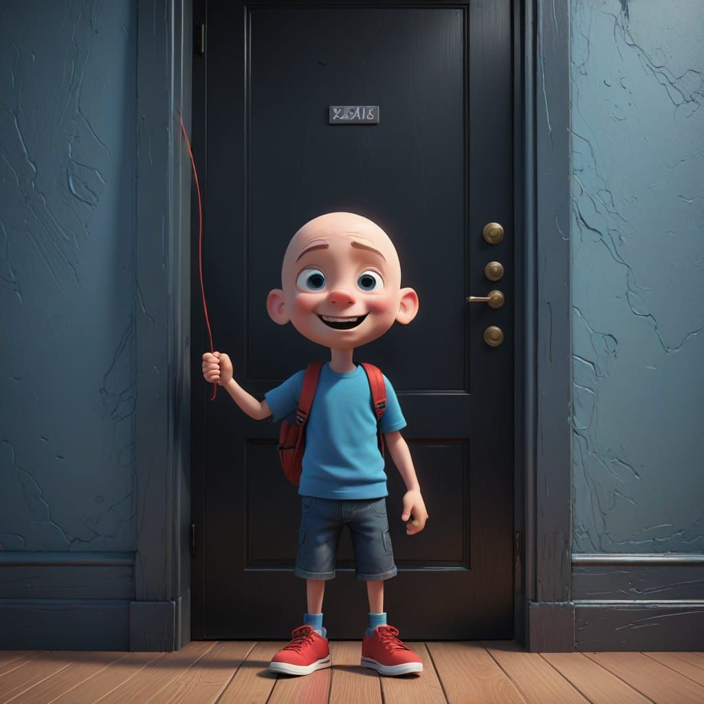Pixar Style Boy Hiding Behind Door