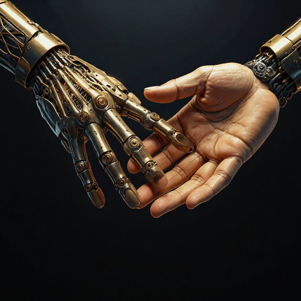 Human and Robot Hands Reach Out in Stark Contrast