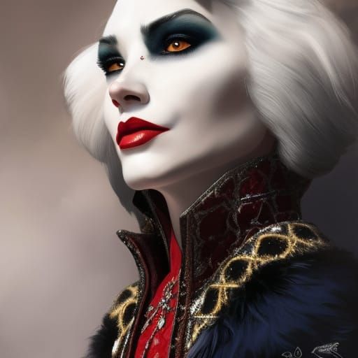 Cruella Portrait in Hyperdetailed Art Nouveau Style