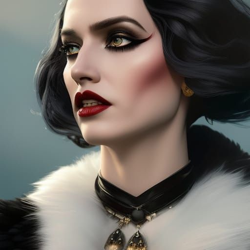 Cruella in Dalmatian Fur Cloak, Hyperdetailed Art