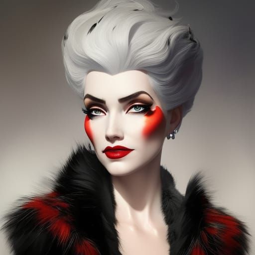 Cruella in Dalmatian Fur Cloak, Detailed Portrait
