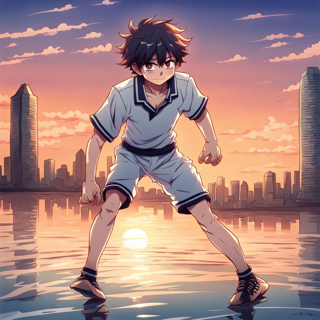 Anime Boy Wrestler at Sunset Cityscape