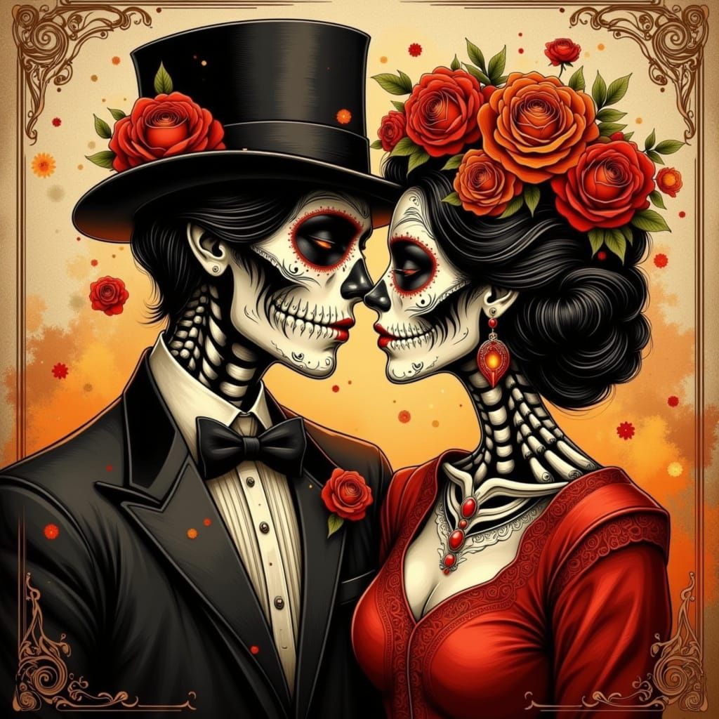 Neo-Traditional Tattoo Art: Day of the Dead Couple Portrait