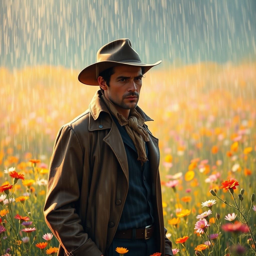 Dashing Cowboy in Whimsical Spring Landscape