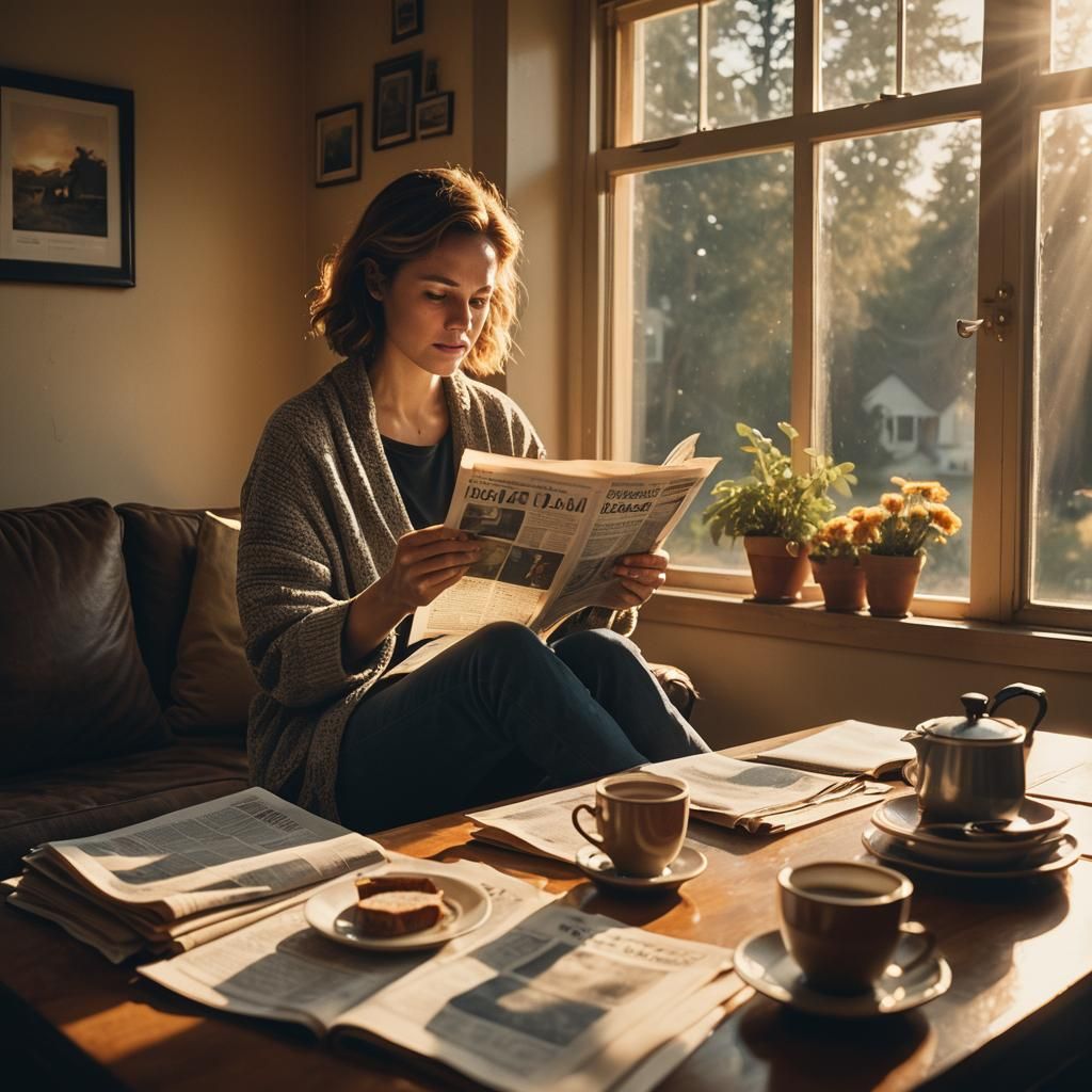 Woman Reading Newspaper in Sunlight: Cinematic Film Still