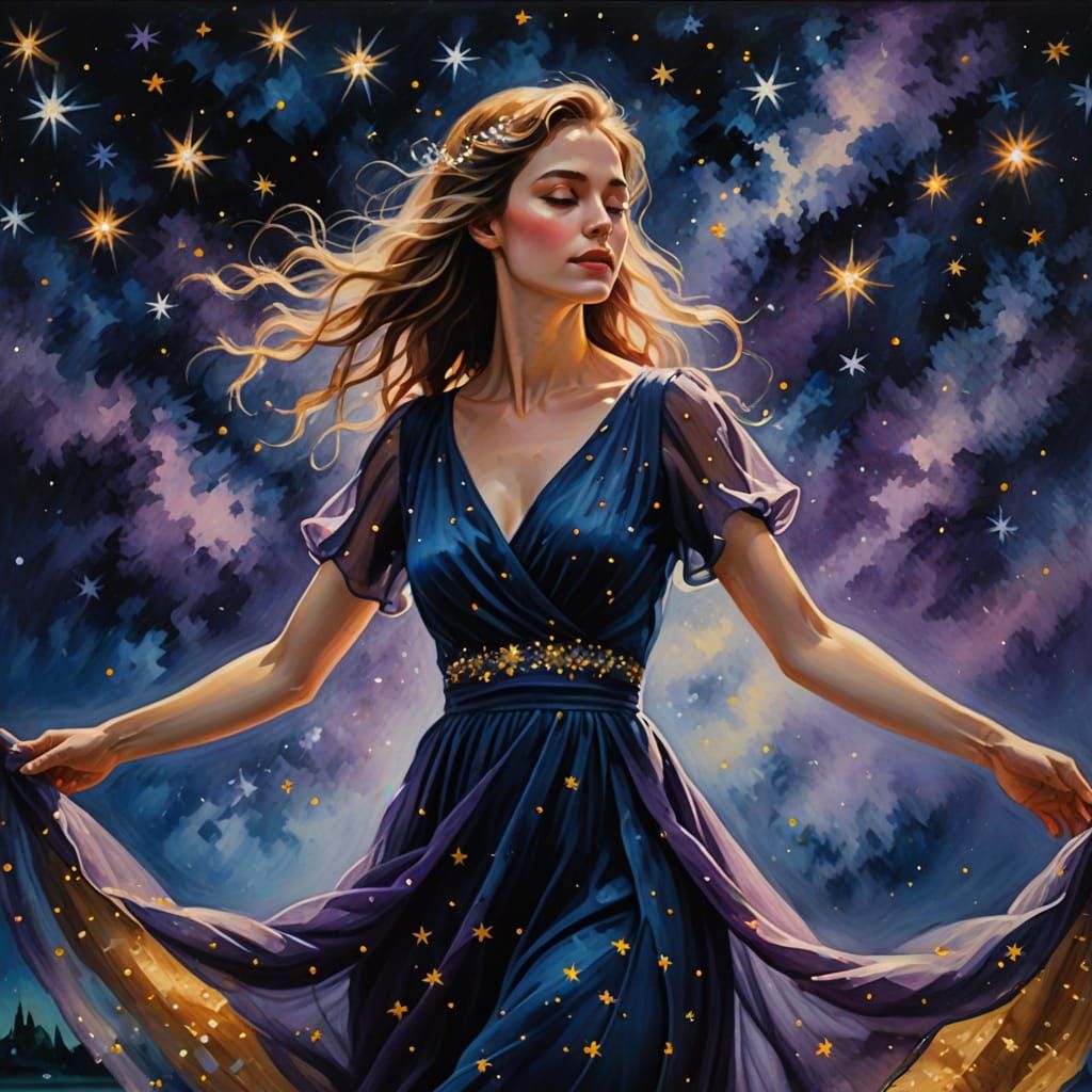 Impressionist Dance Under Stars in Glowing Mist