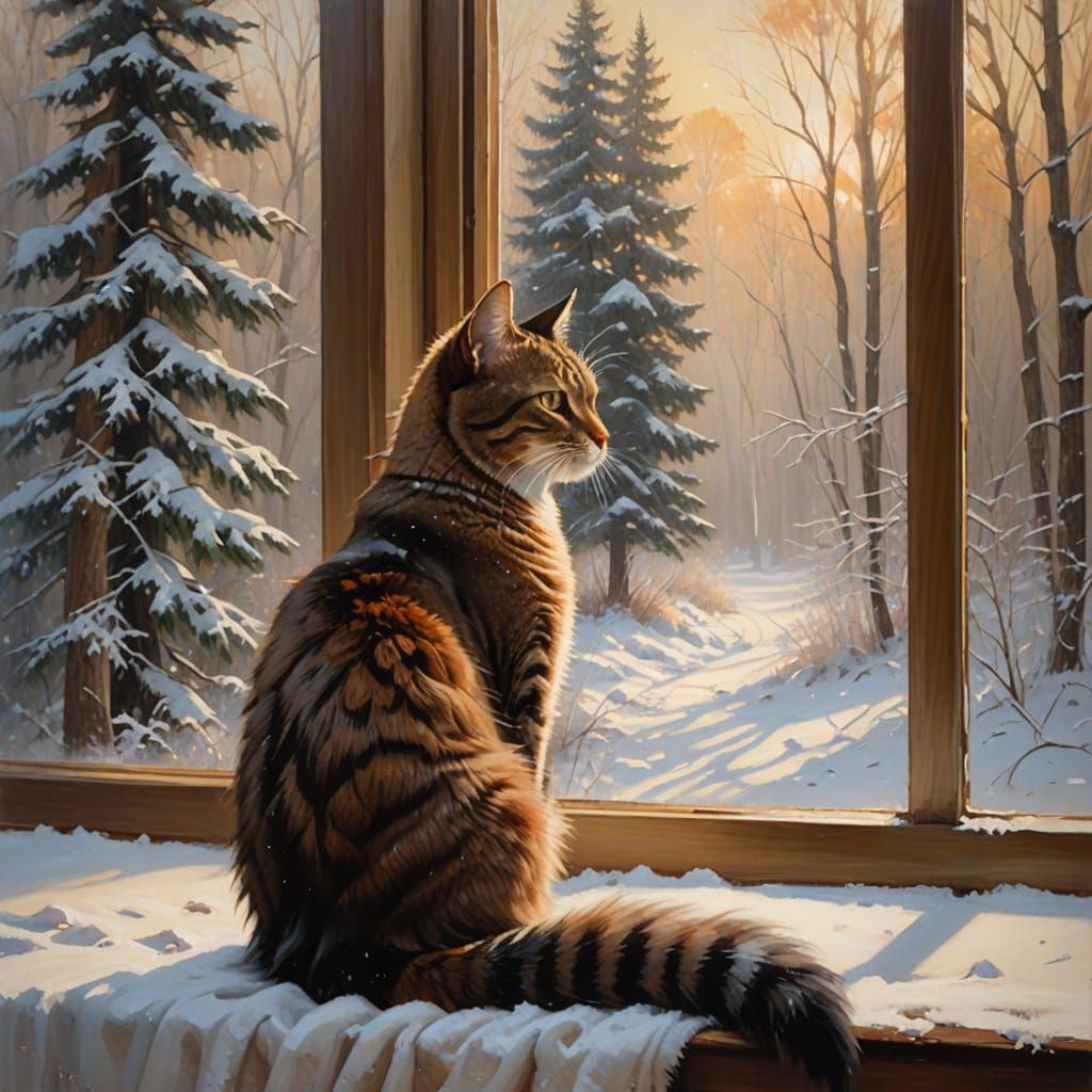 Warm Impressionist Oil Painting of a Tabby Cat by the Window