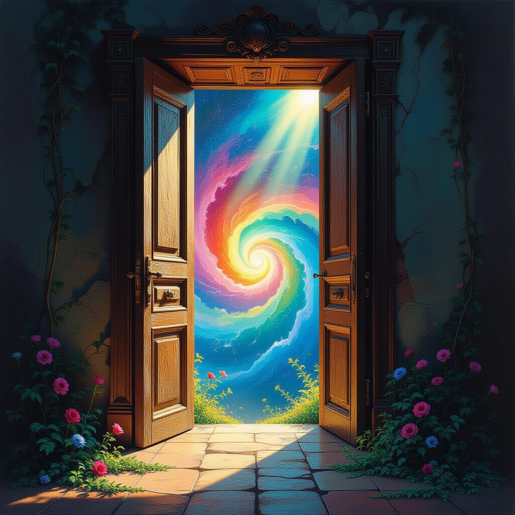 Surreal Cosmic Doorway with Alien Flora and Ethereal Light