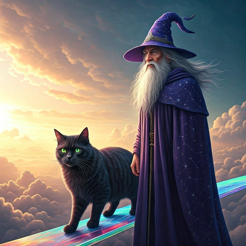Majestic Wizard and Velvet Cat Stroll on Rainbow Bridge