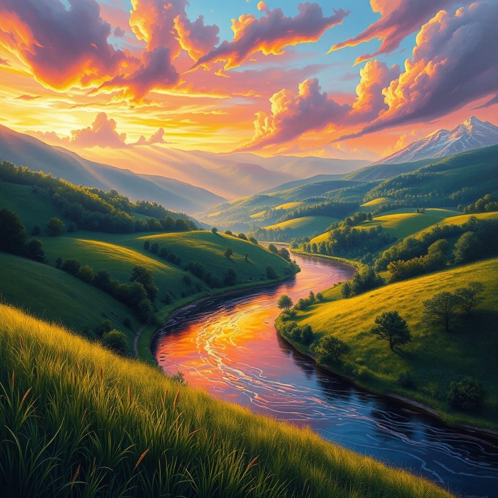 Vibrant Dreamlike Countryside Landscape with Expressive Brus...