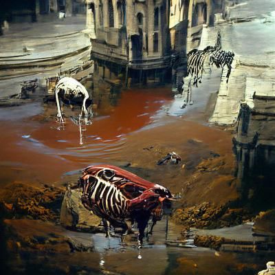 Bull Skeleton in City, Romanticism Oil Painting