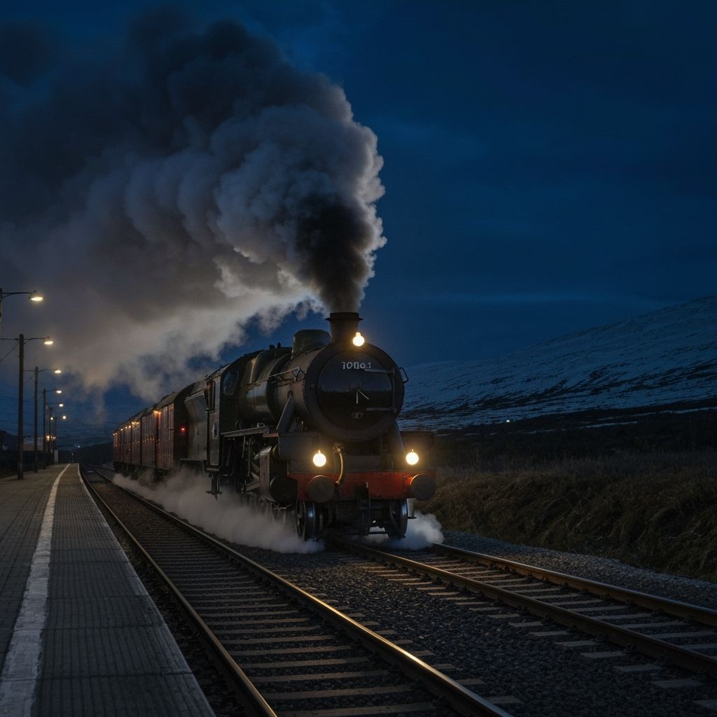 Flying Scotsman Train in Arctic Wilderness at Night