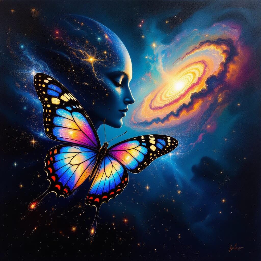 Cosmic Butterfly and Ancient Entity in Deep Space Oil Painti...