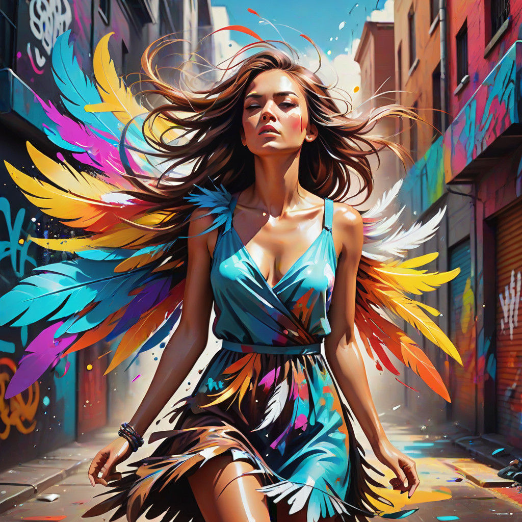 Stylized Street Art of a Woman in a Vibrant Feathered Dress