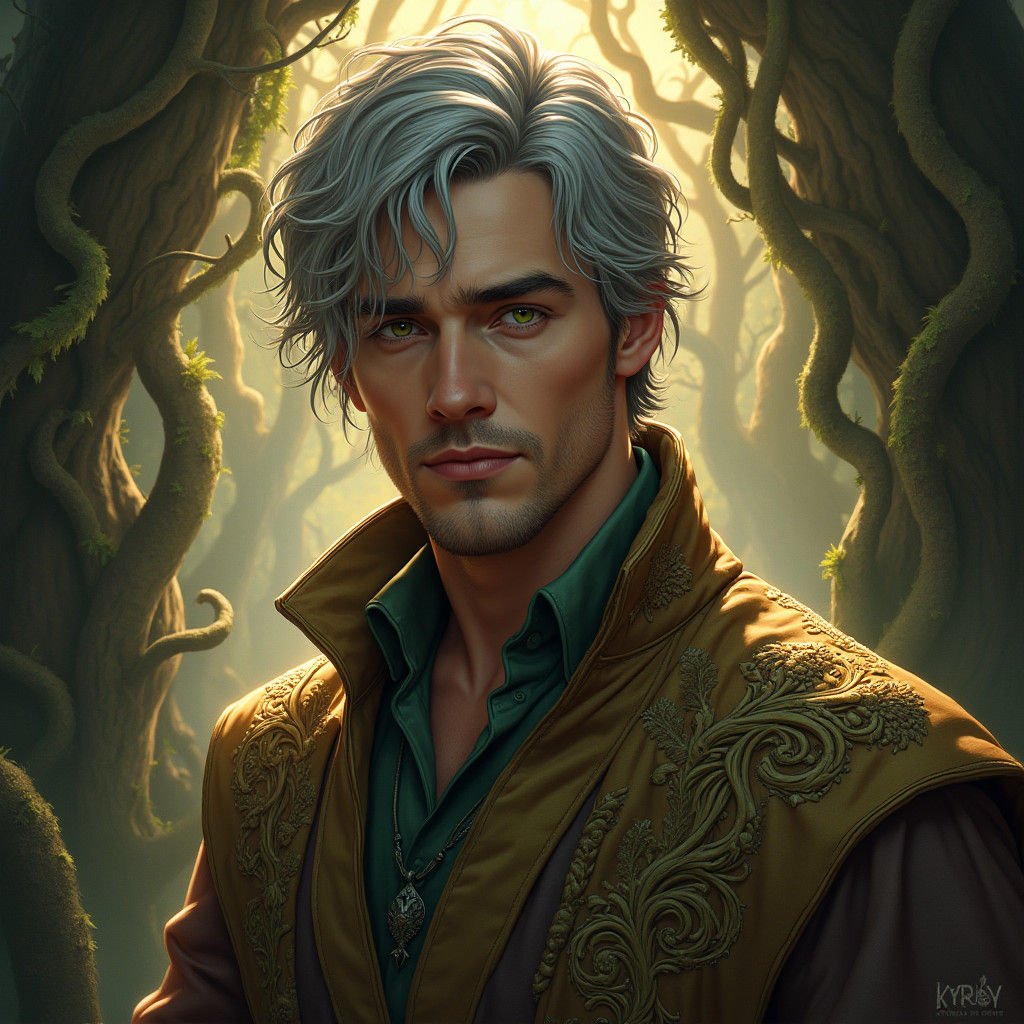 Mystical Grey-Haired Man in Forest Setting