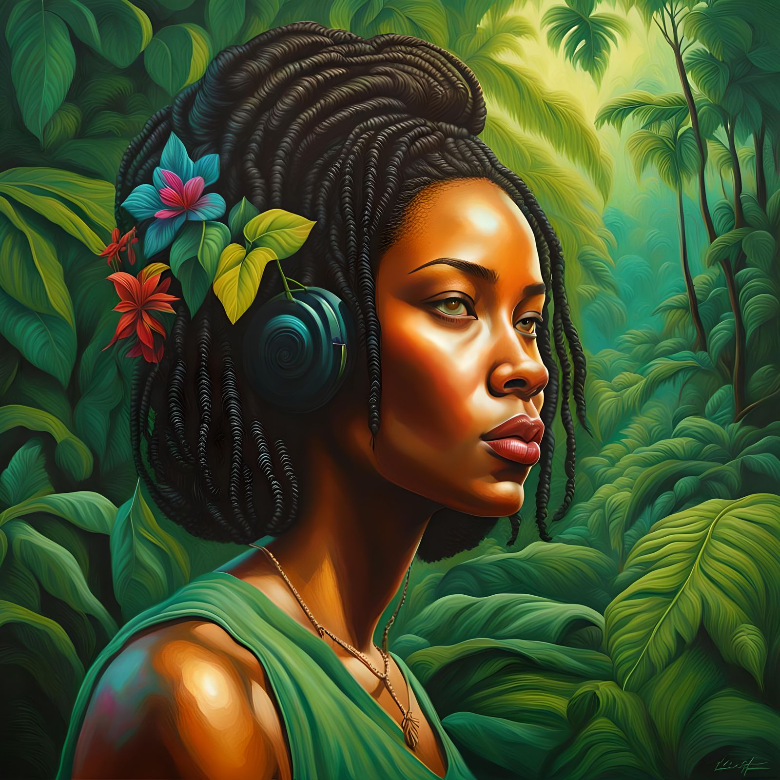 Jamaican Girl Portrait in Verdant Jungle, Hyperrealistic Sty...