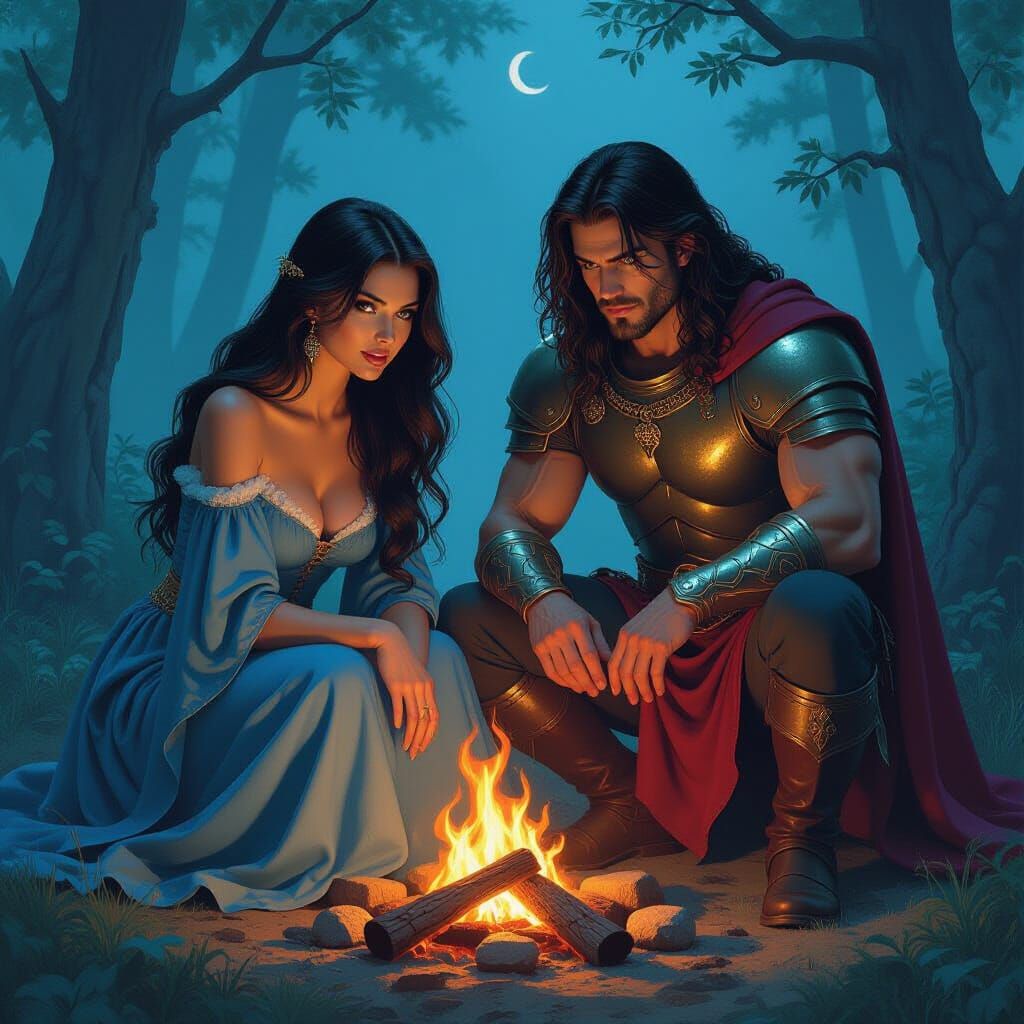 Fantasy Woman and Warrior by Campfire