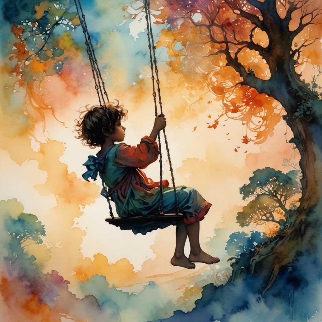Child on a Swing Silhouette in Watercolor Style