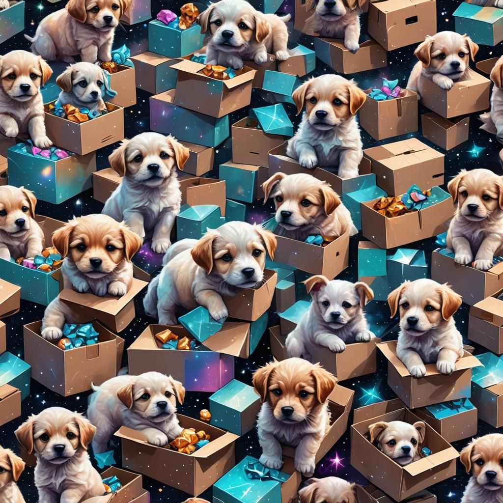 Cute Puppies in Boxes, Astral Illustration