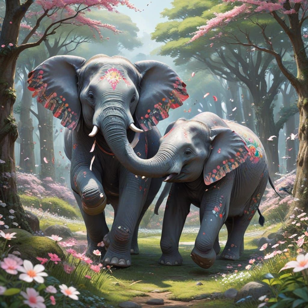 Playful Elephants Jump in a Whimsical Japanese-Inspired Fore...