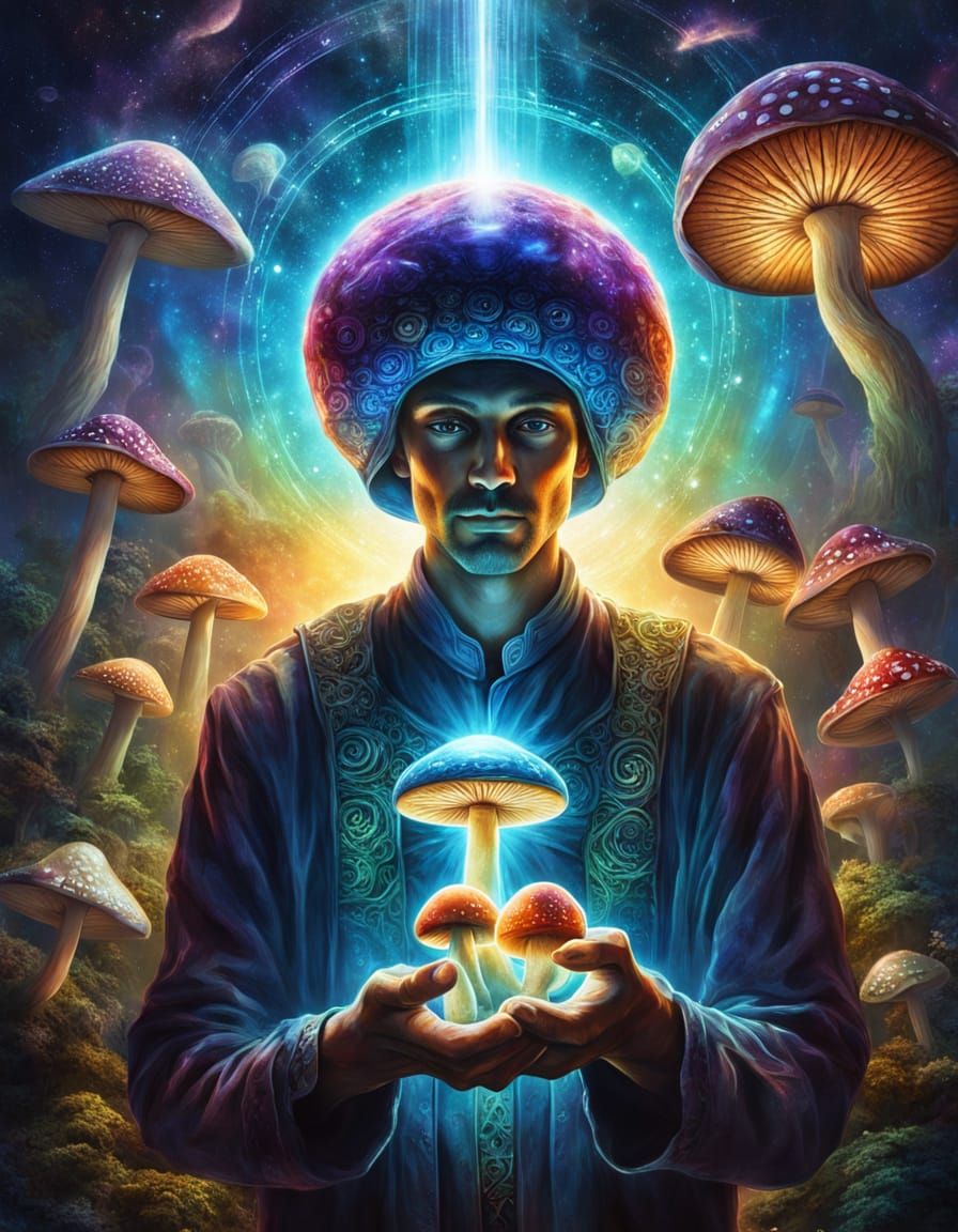 Esoteric Mushroom Man in Cosmic Light