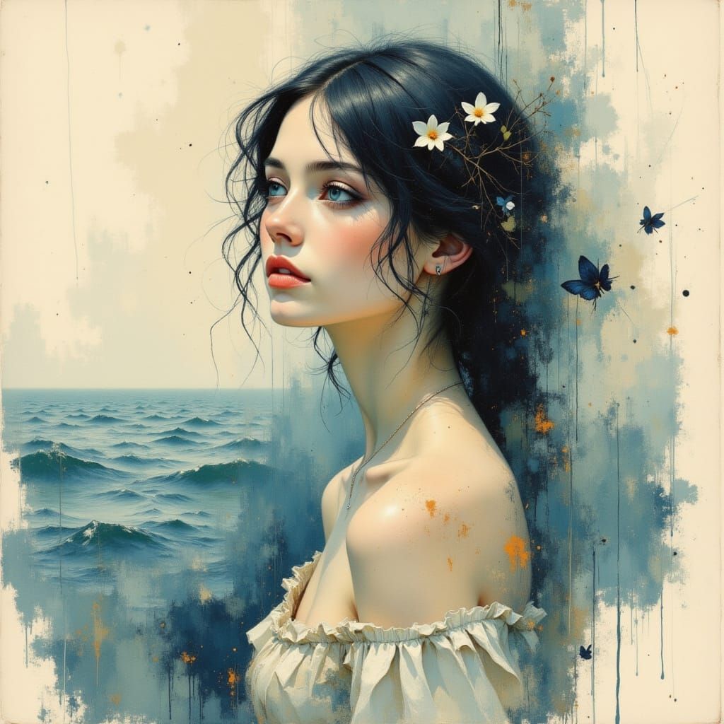 Hauntingly Beautiful Woman in Woodcut Style