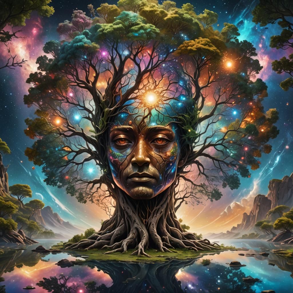 Cosmic Mirror Tree Spiritual Nexus in Splash Art