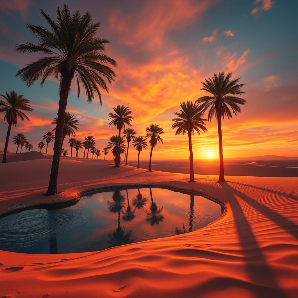 Surreal Desert Oasis at Sunset in Impressive Landscape Style