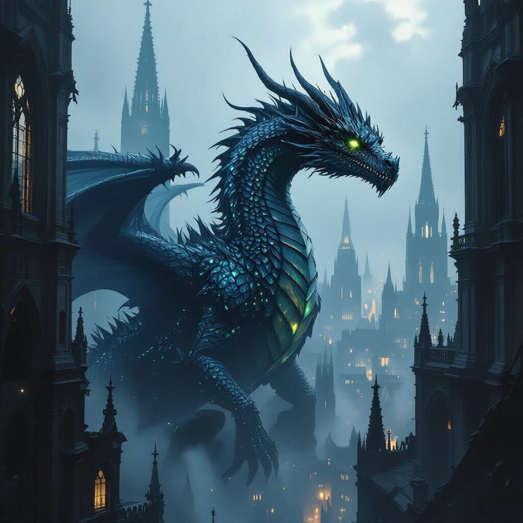 Bioluminescent Dragon on Gothic Cathedral in Dark Fantasy St...