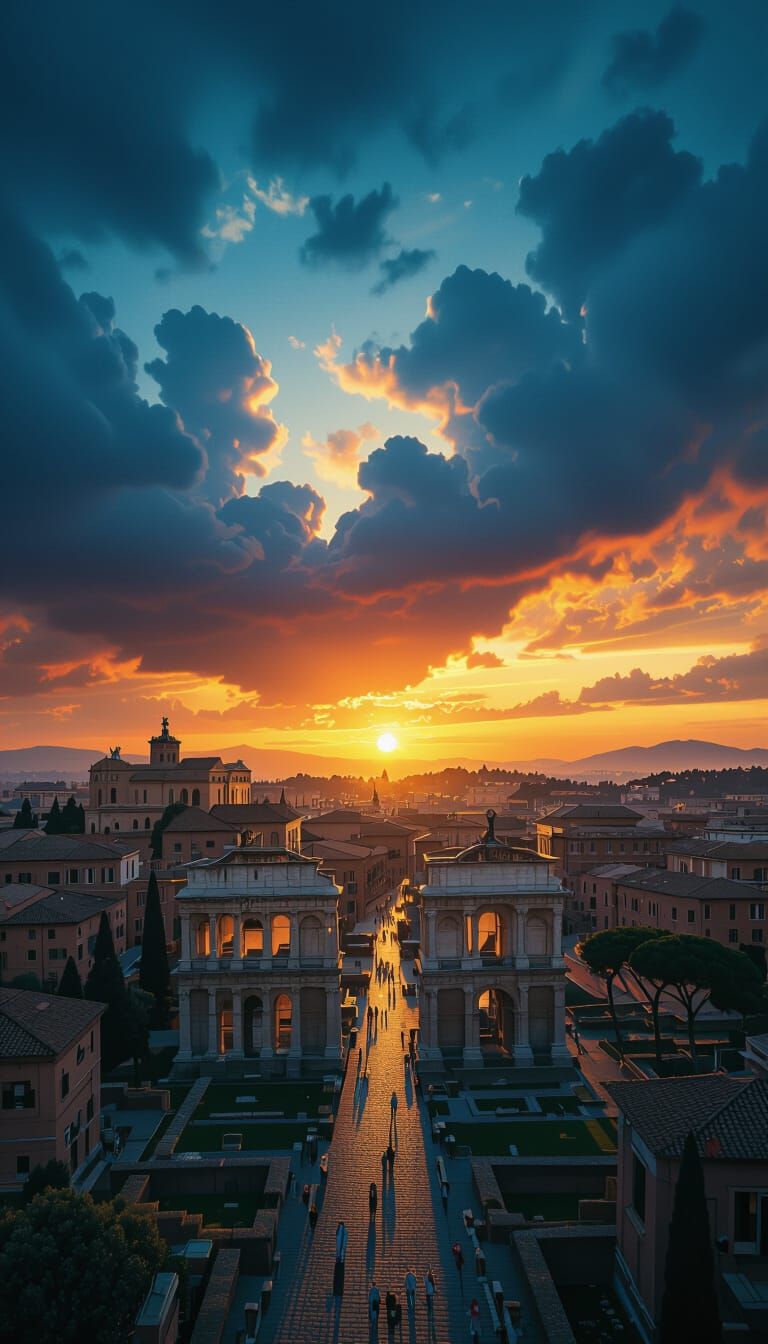 Ancient Rome at Twilight: Aerial View with Dramatic Clouds