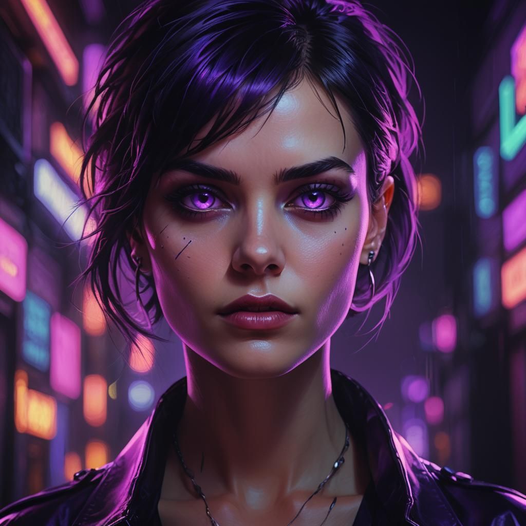 Striking Woman with Purple Eyes in Neon Light