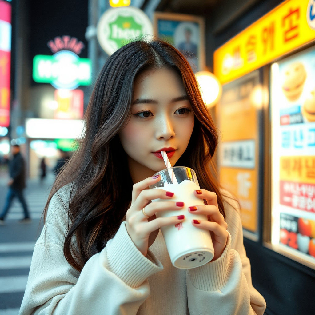 Korean Woman Drinking Milkshake in Big City